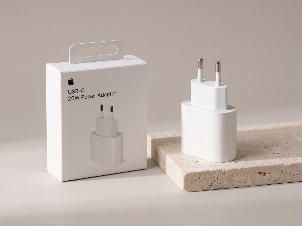 Adaptador de corriente USB-C de 20 W de Apple junto a su caja, con enchufe europeo