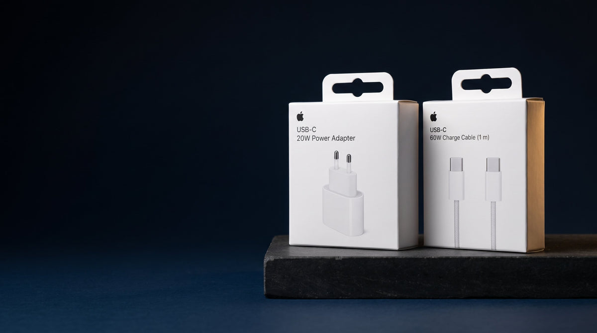 Cajas del adaptador de 20 W y del cable USB-C de Apple sobre una peana de piedra
