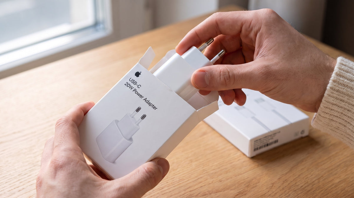 Manos sacando el adaptador de 20 W de Apple de su caja, con la caja del cable al lado
